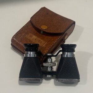 Vintage 1940s Black OFUNA Opera Binoculars with Brown Leather Case